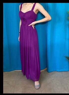 JS Collections Purple Ruched Floral Applique Chiffon Maxi Gown Dress
